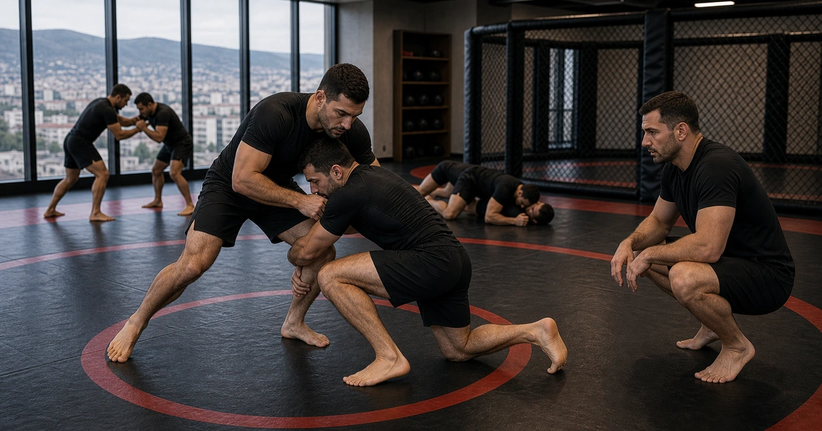Cinematic MMA camp scene for Grappling and Wrestling for MMA: Why Georgia Is a Strong Camp Destination in Tbilisi, Georgia