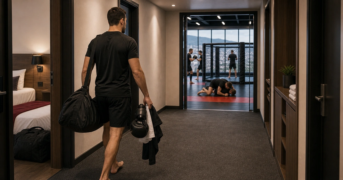 cinematic MMA camp scene in Georgia showing visa and passport checks