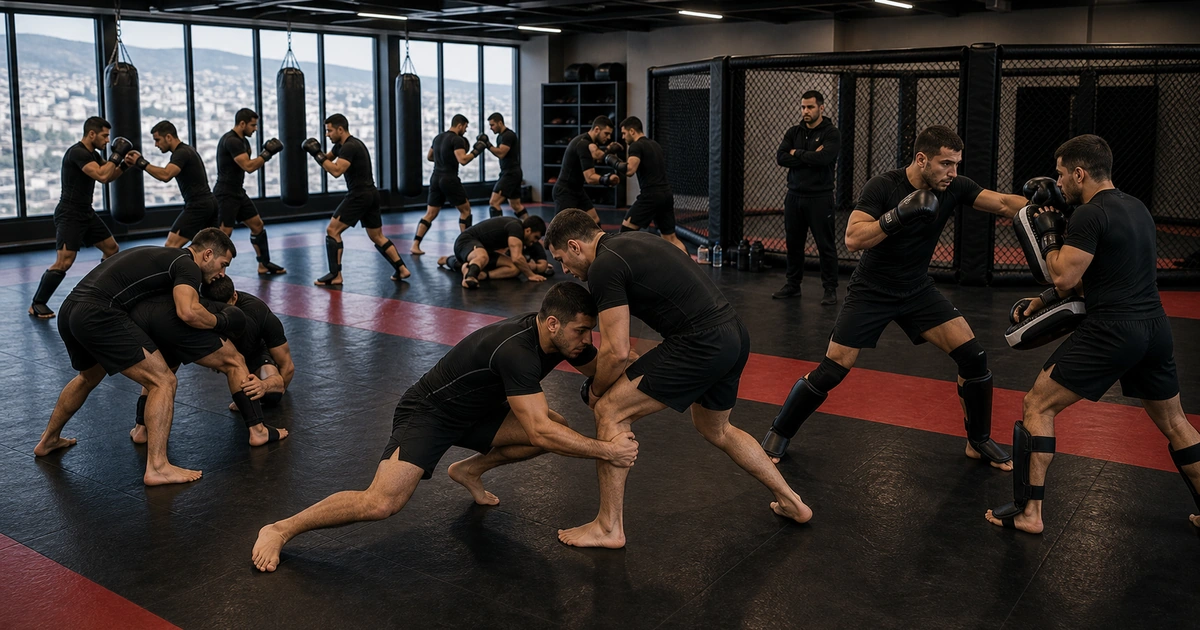 cinematic MMA camp scene in Georgia showing facility overview for groups