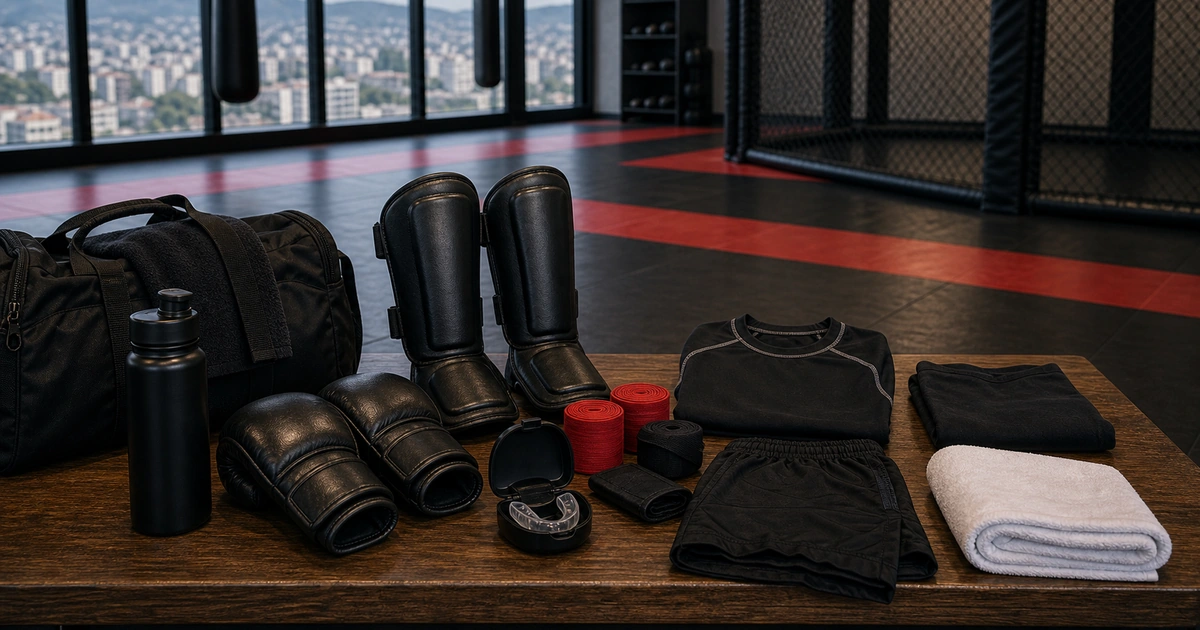 cinematic MMA camp scene in Georgia showing essential training gear